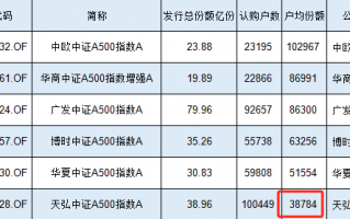 10万人买了39亿元，天弘中证A500指数基金户均认购3.88万元同类最低，认购户数同类最高